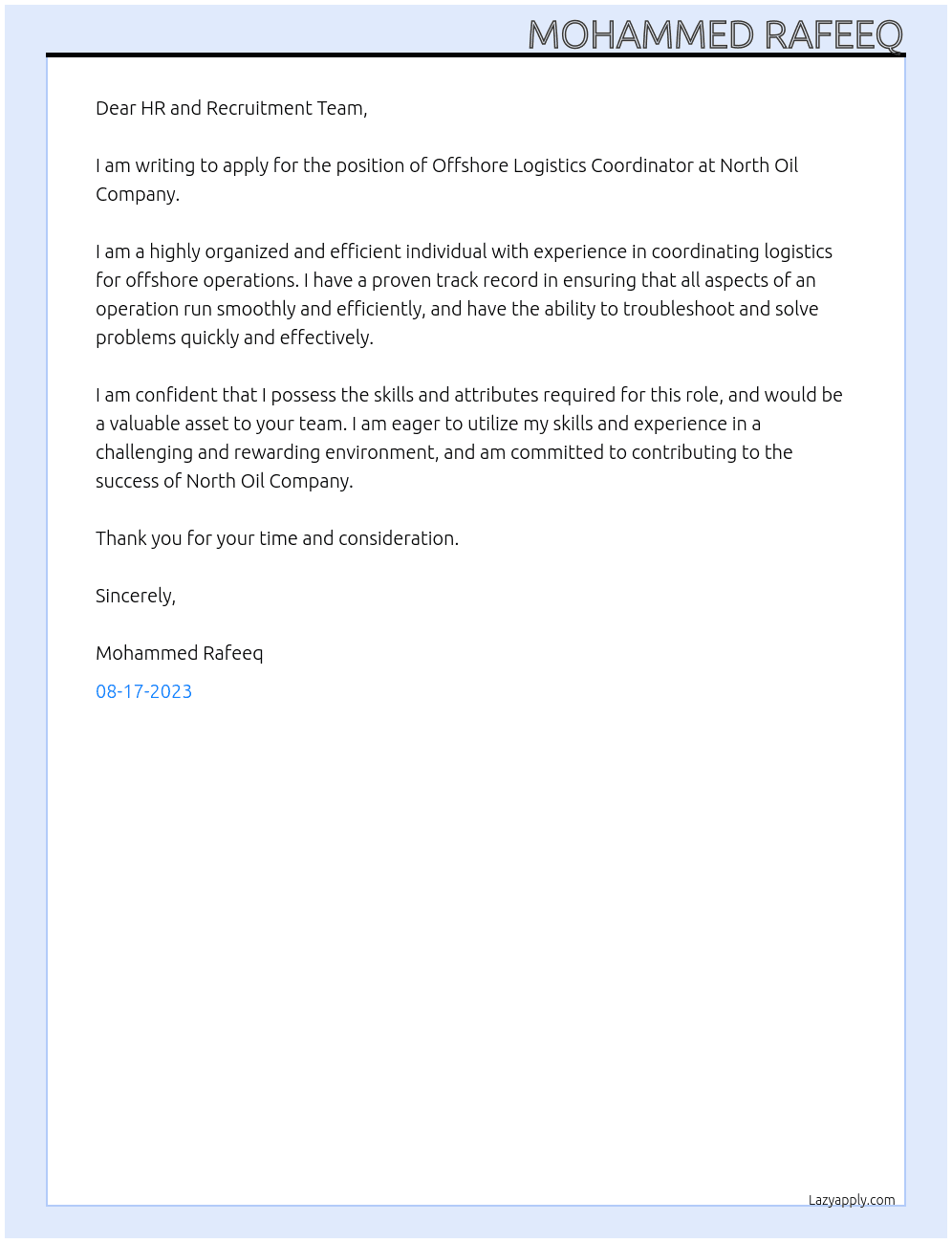 Offshore Logistics Coordinator At North Oil Company Cover Letter