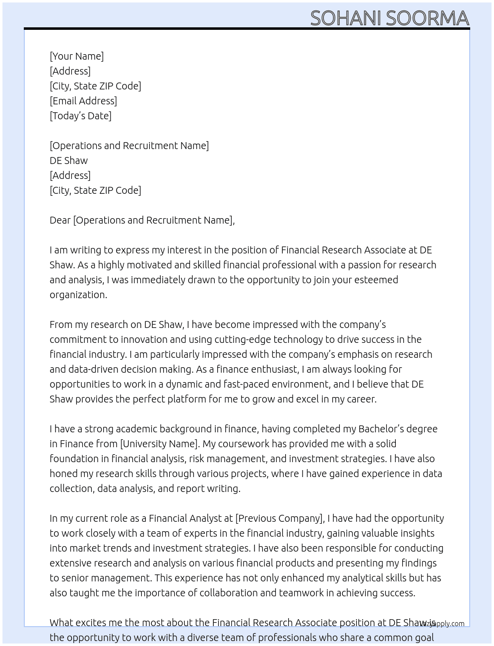 Financial Research Associate At DE Shaw Cover Letter