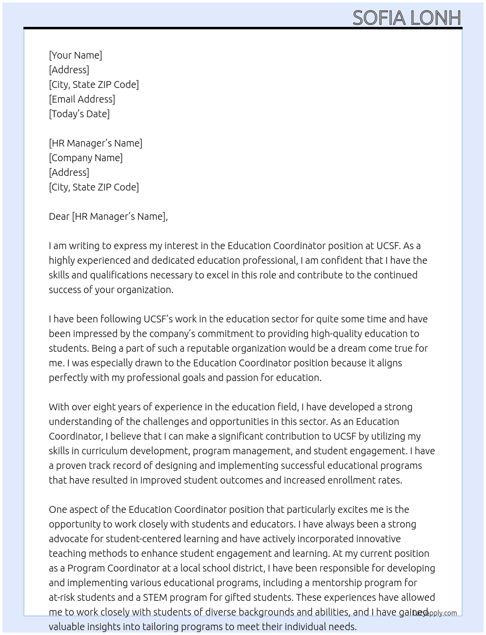 Education Coordinator At UCSF Cover Letter