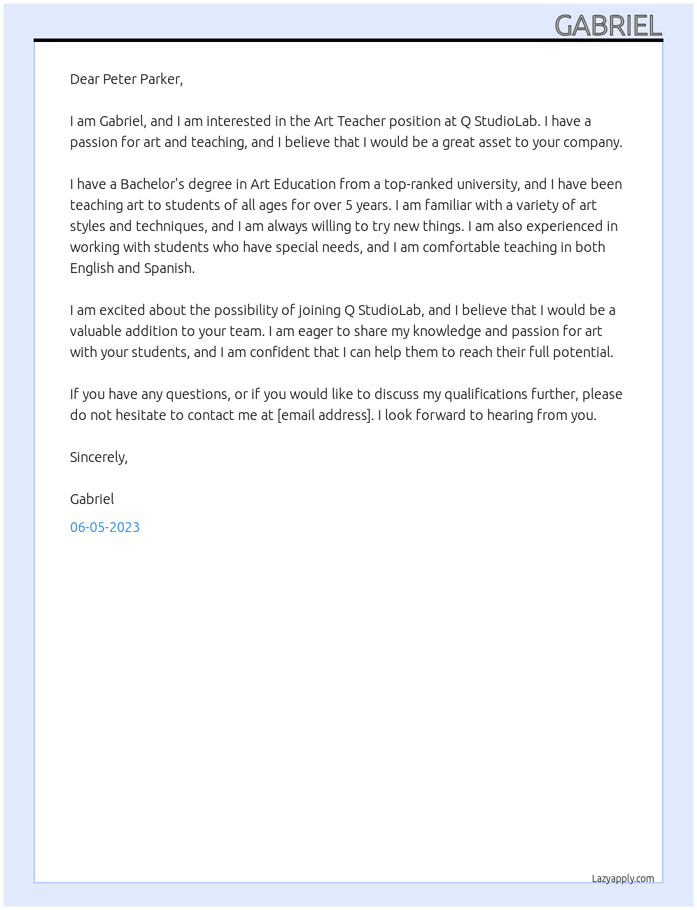 Art Teacher At Q StudioLab Cover Letter