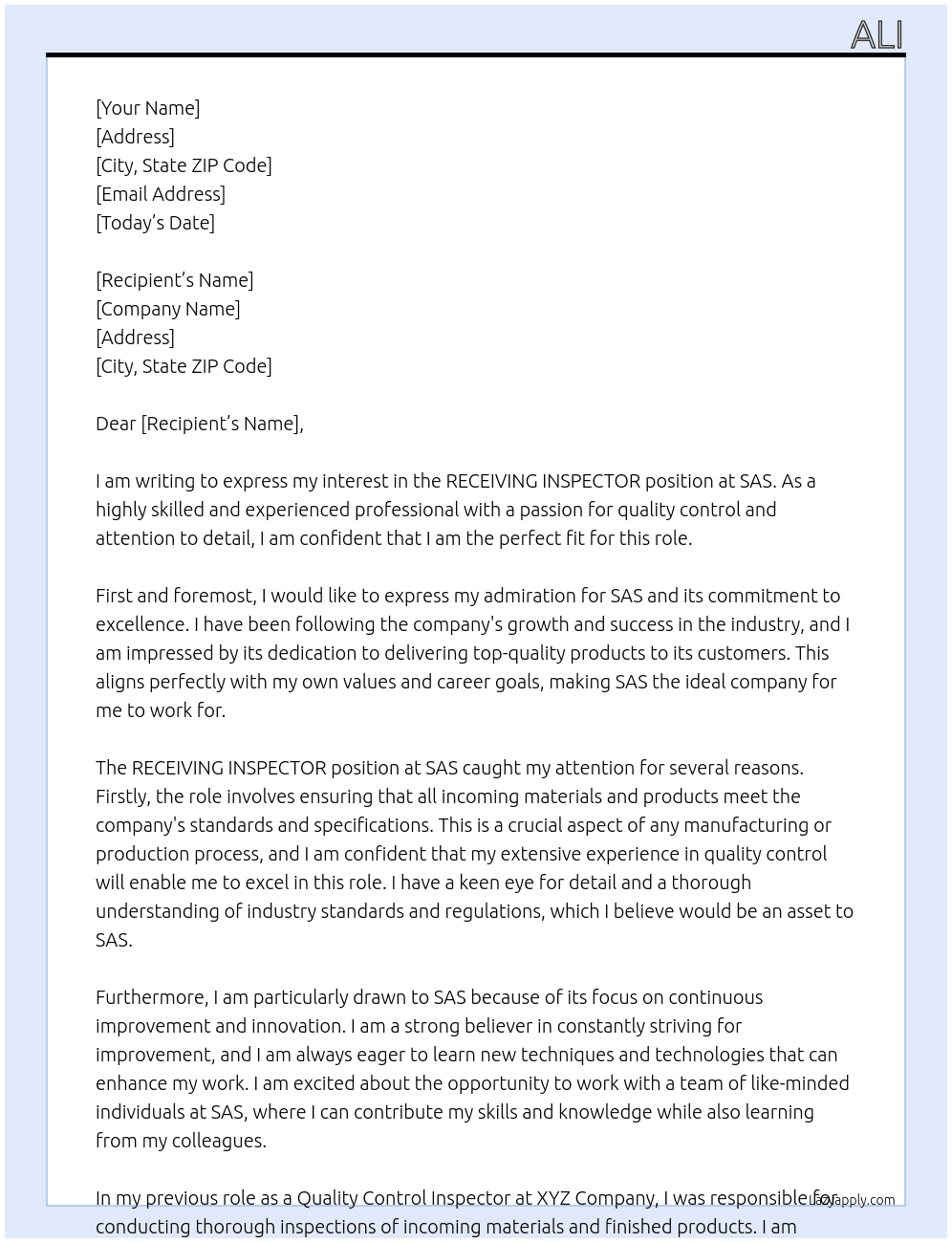  RECEIVING INSPECTOR At SAS Cover Letter
