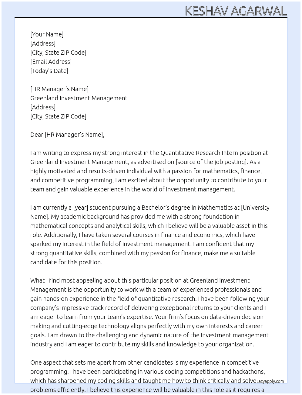 Quantitative Research Intern At Greenland Investment Management Cover Letter