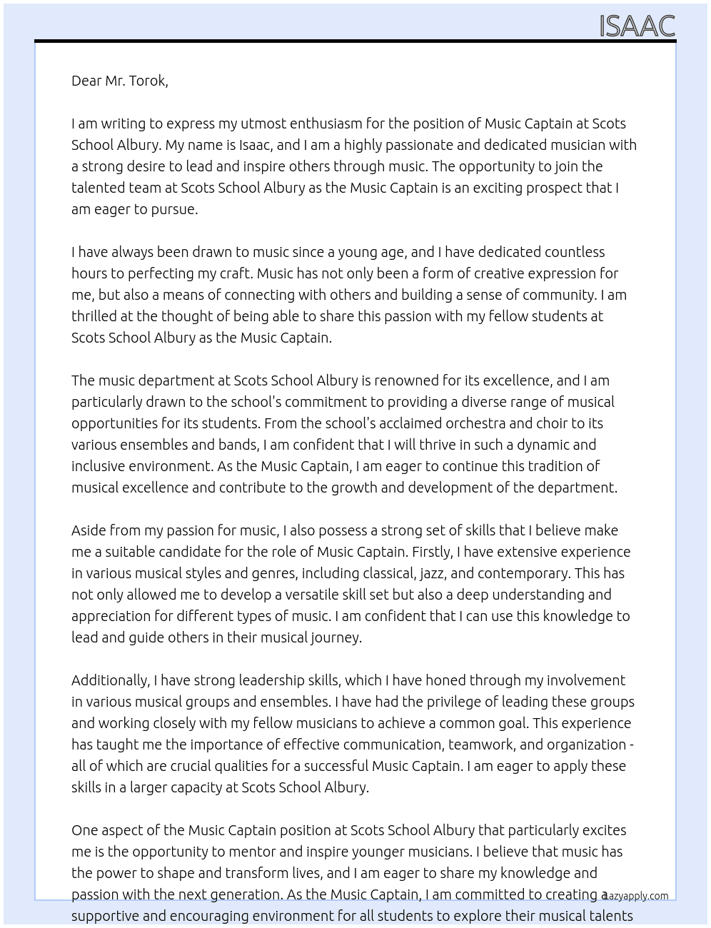 Music Captain At Scots School Albury Cover Letter