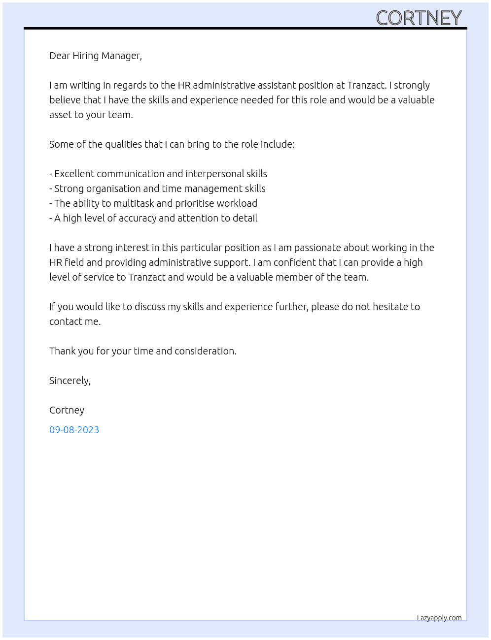 HR administrative assistant  At Tranzact Cover Letter