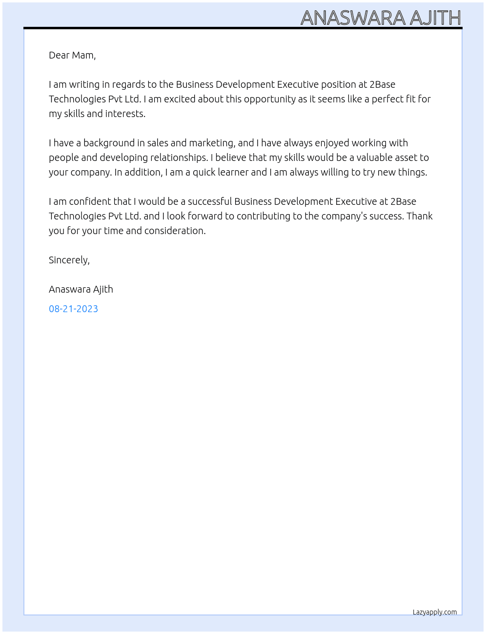 Business Development Executive At 2Base Technologies Pvt Ltd Cover Letter