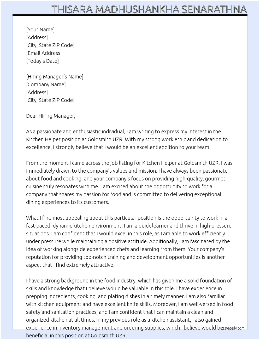 Kitchen helper  At Goldsmith UZR Cover Letter