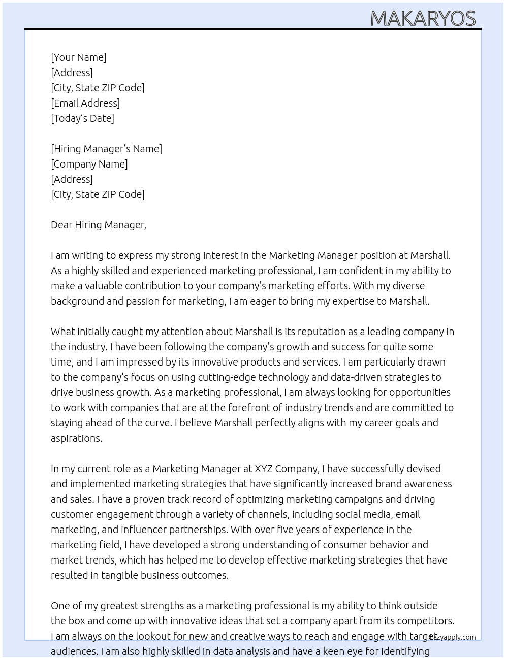 Marketing Manager  At Marshall  Cover Letter
