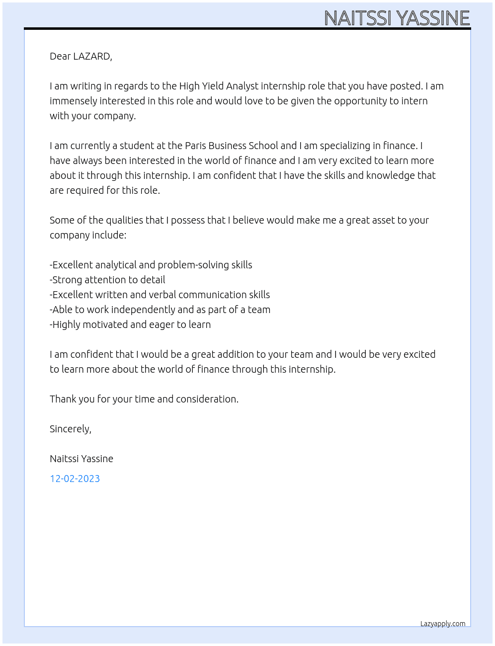 High Yield Analyst  At LAZARD Cover Letter