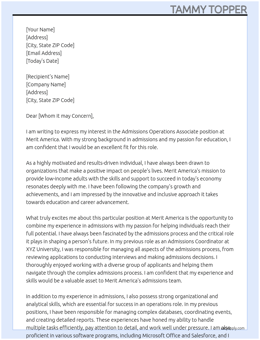 Admissions Operations Associate At Merit America Cover Letter