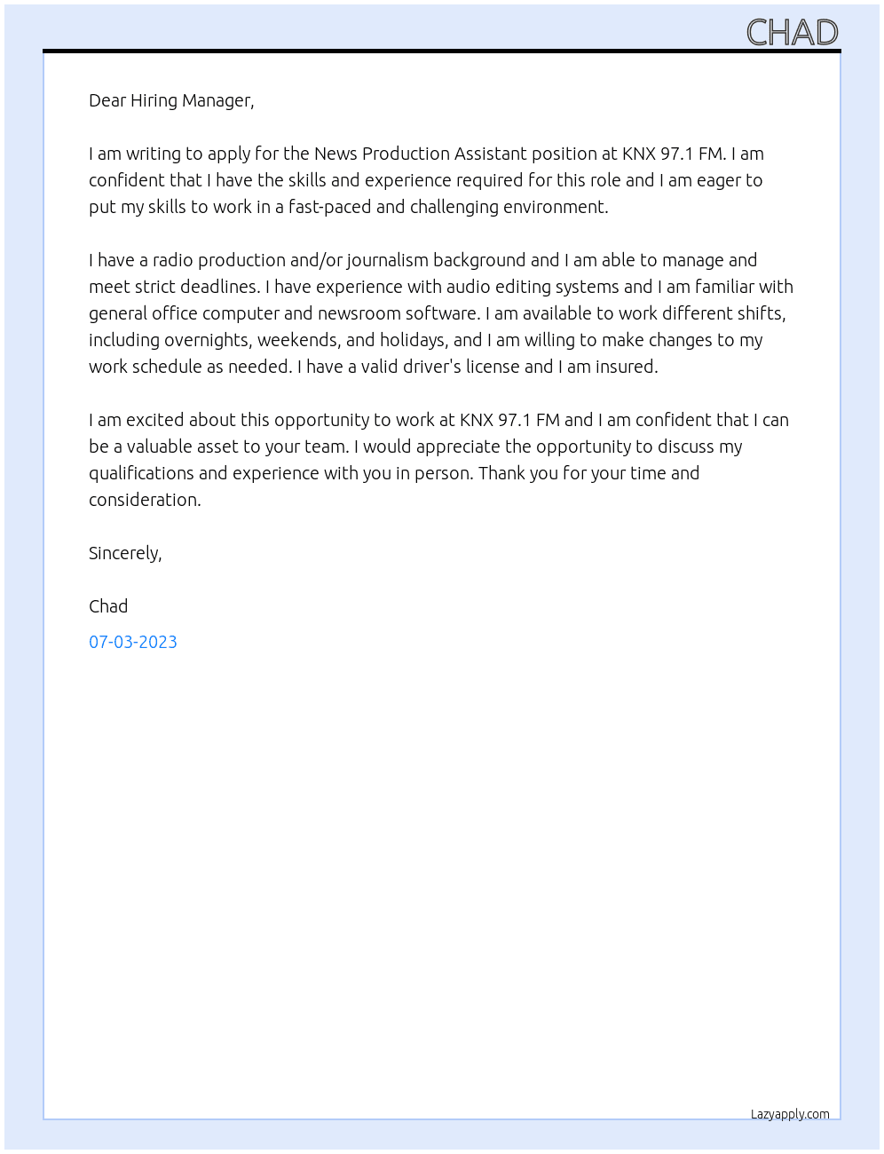 News Production Assistant  At KNX 97.1 FM Cover Letter