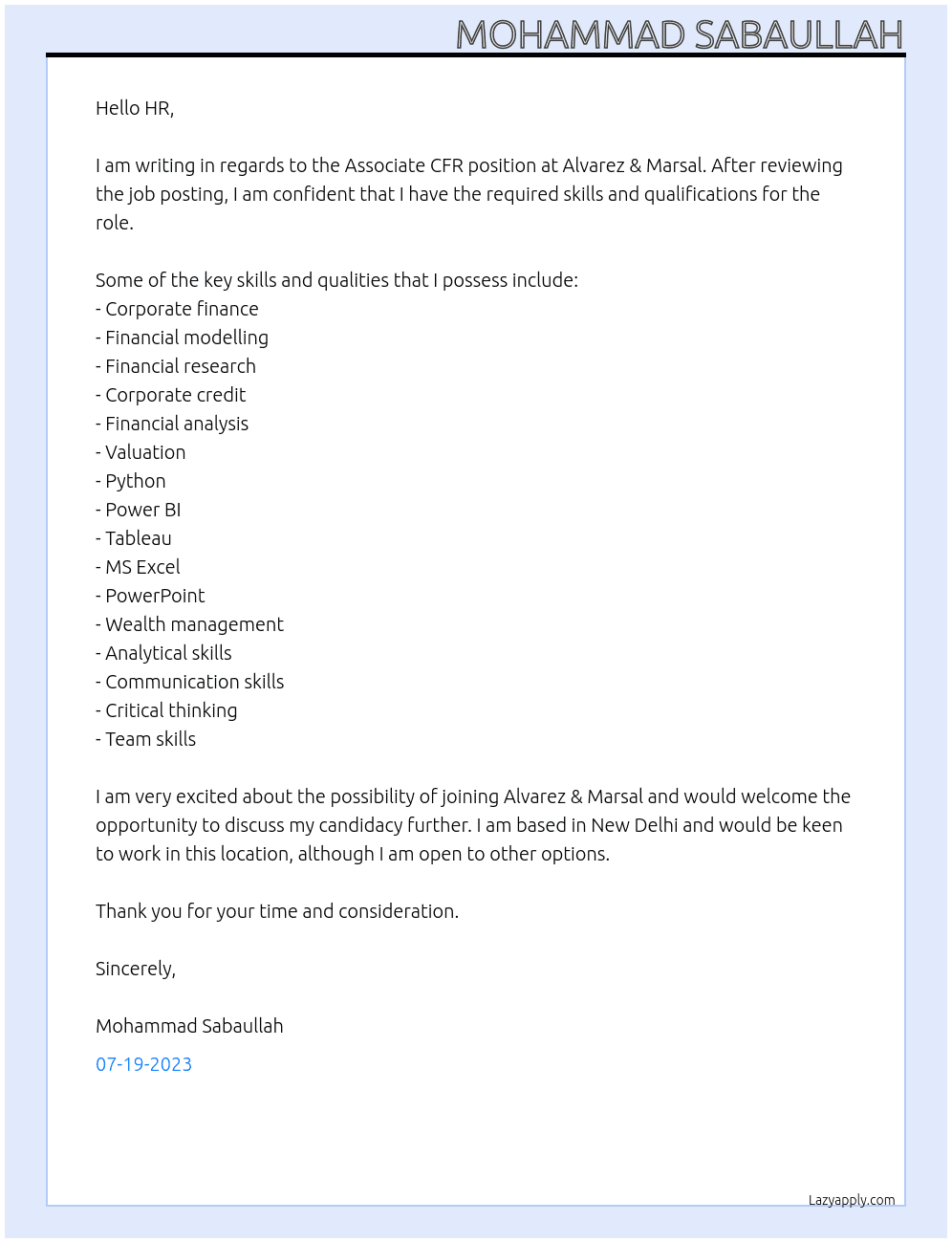 Associate CFR At Alvarez & Marsal Cover Letter