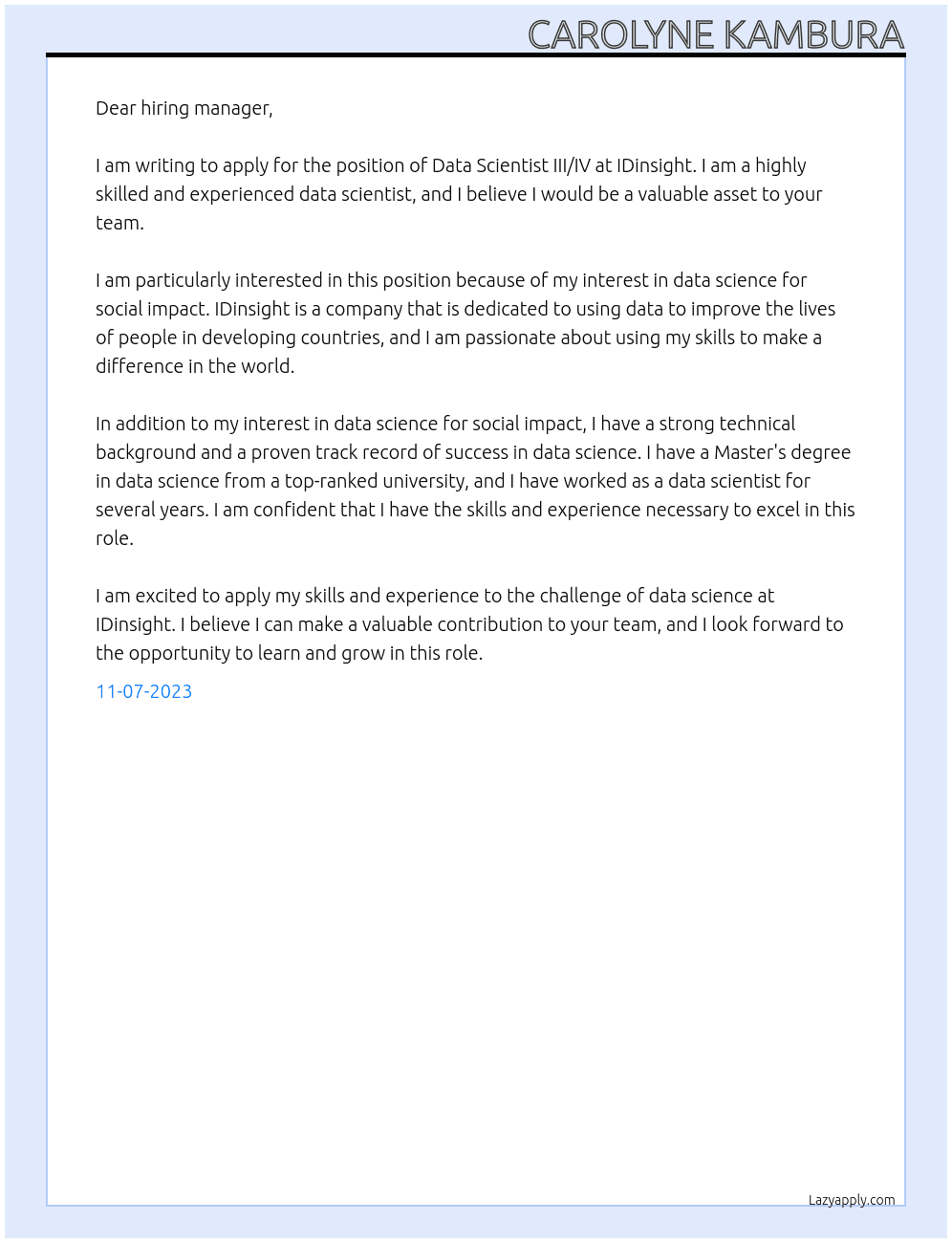 Data Scientist III/IV At IDinsight Cover Letter
