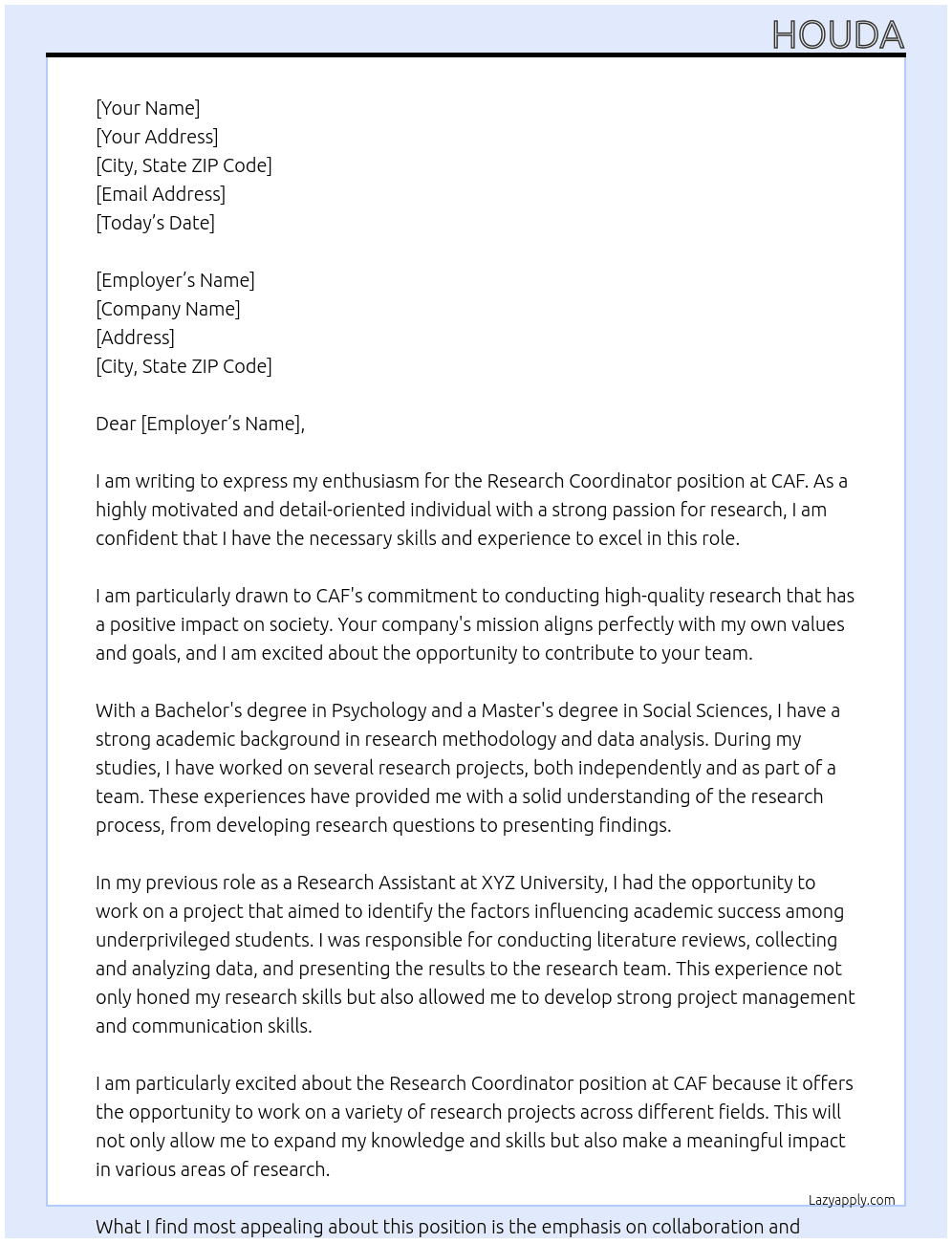 Research coordinator At CAF Cover Letter