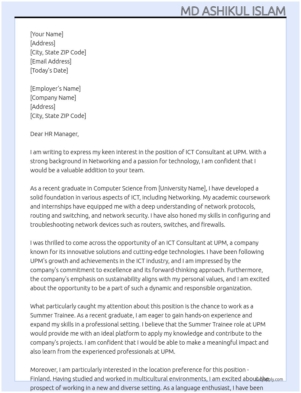 Cover letter for ict consultant - LazyApply