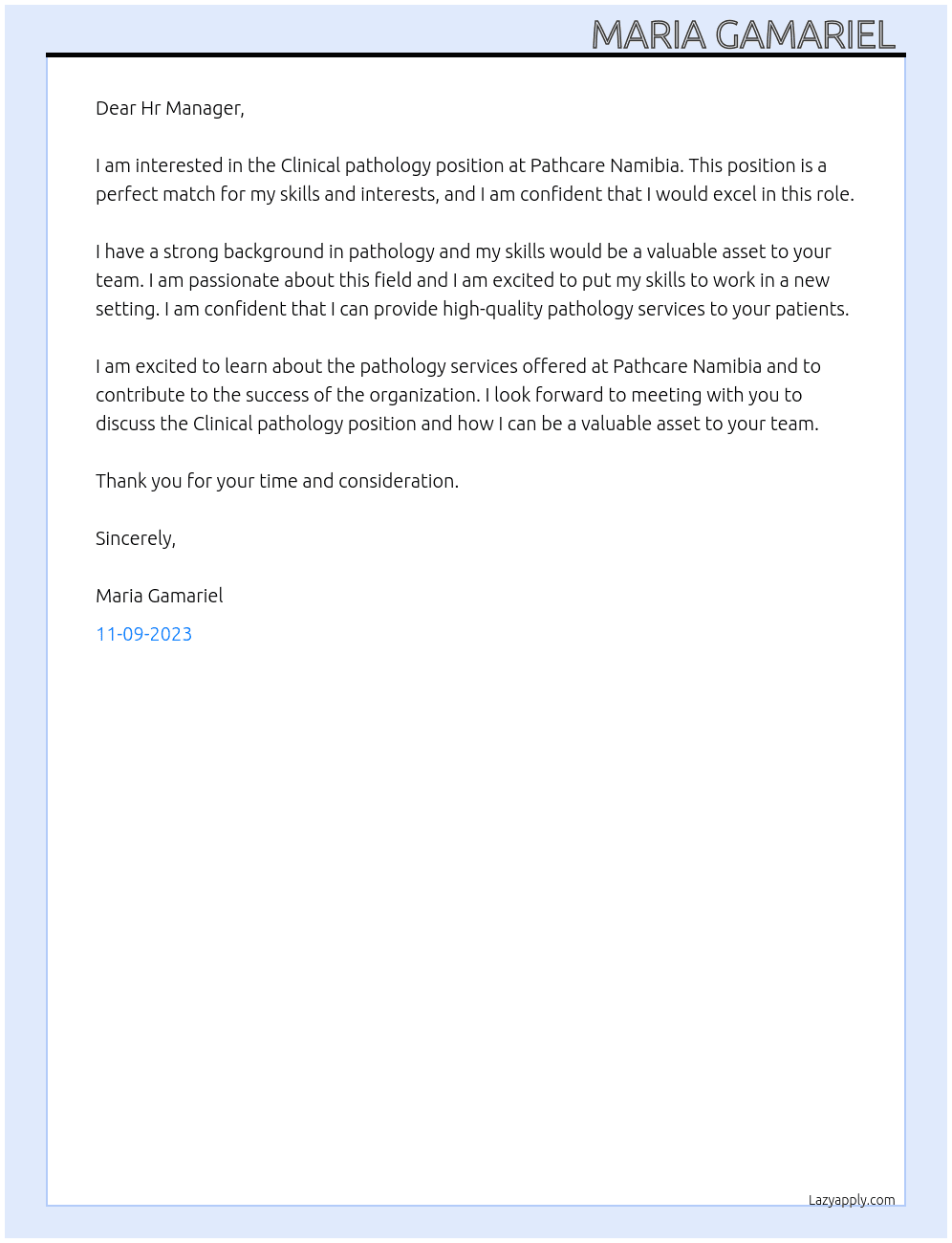 Clinical pathology  At Pathcare Namibia  Cover Letter