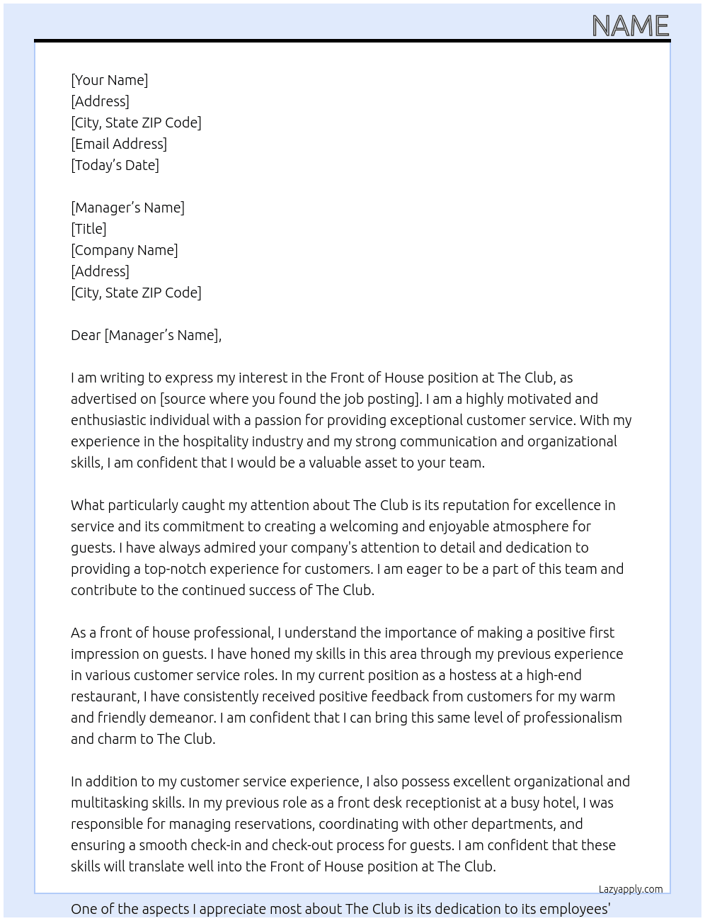 front of house At the club Cover Letter