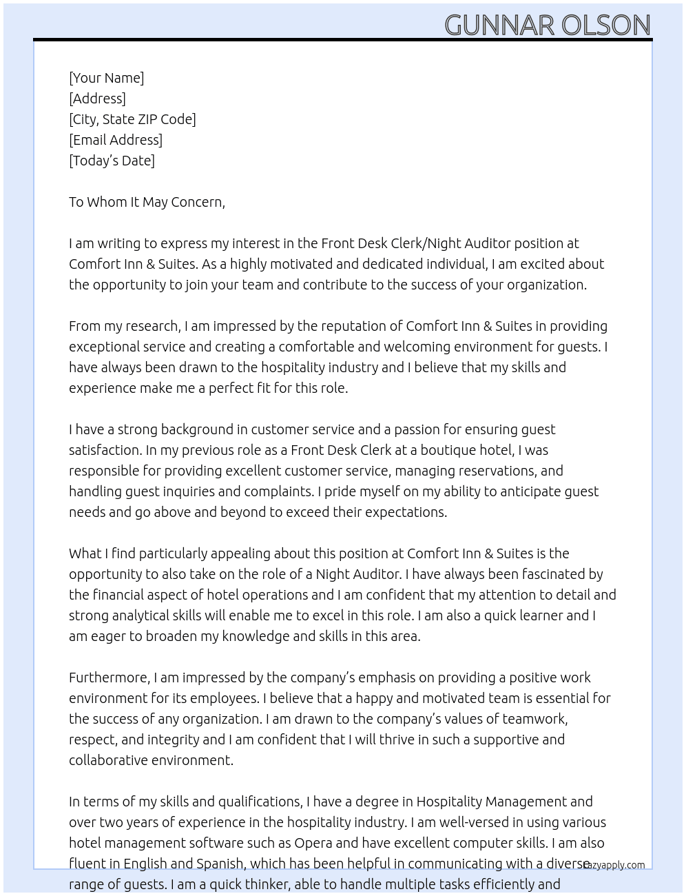 Front Desk Clerk/Night Auditor At Comfort Inn & Suites Cover Letter