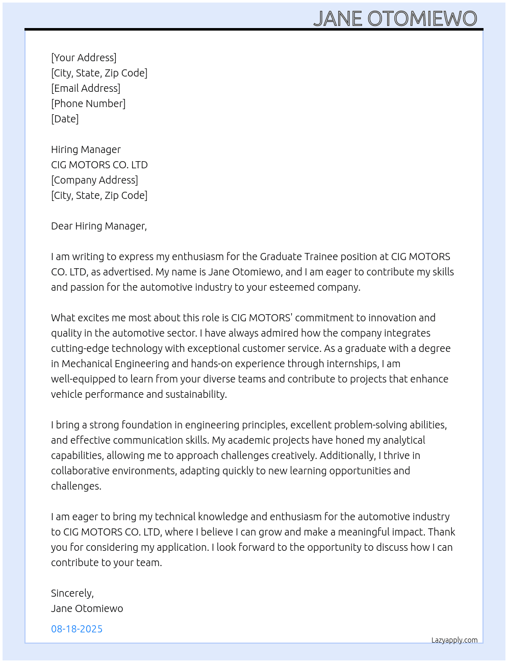 Graduate trainee At CIG MOTORS CO. LTD Cover Letter