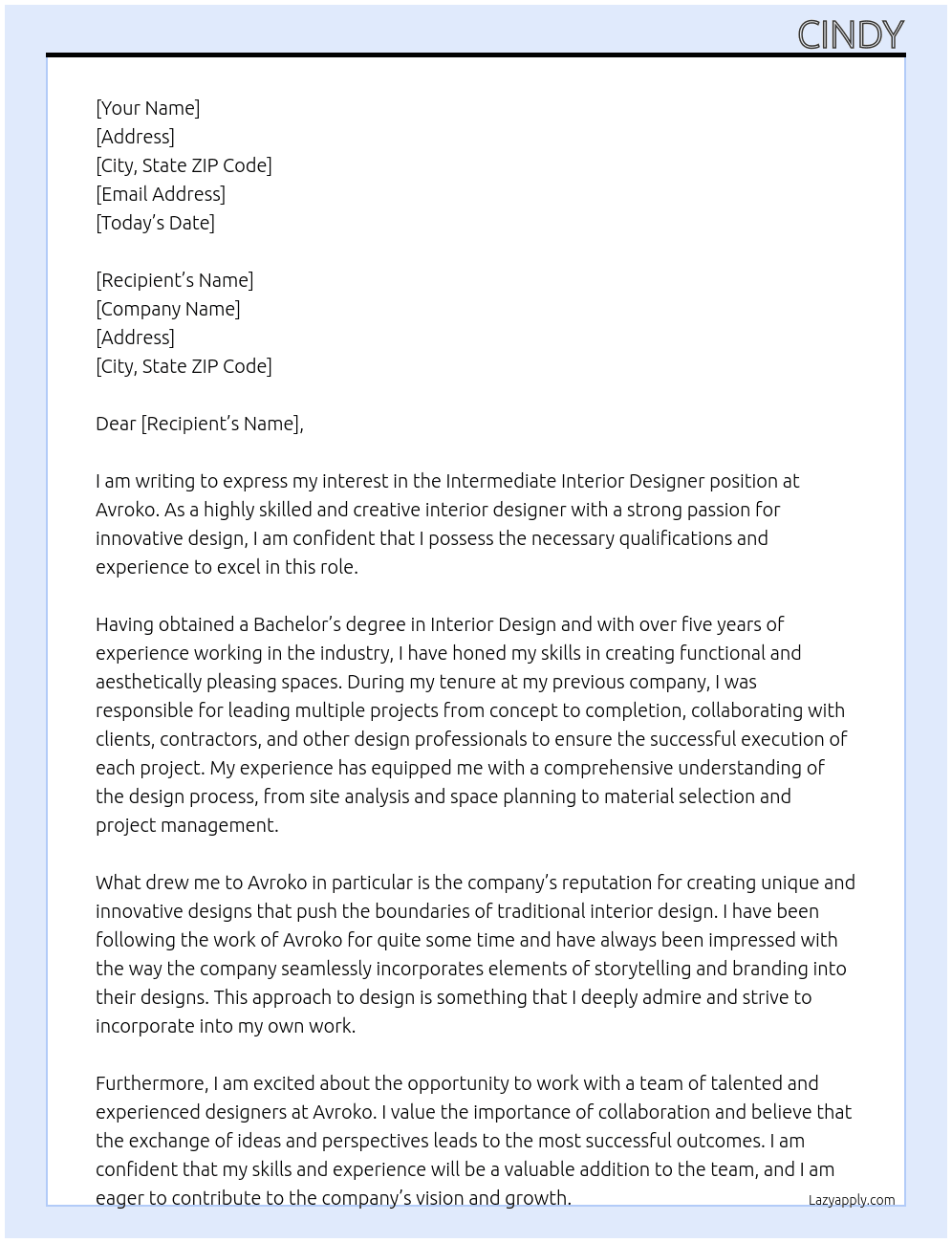 INTERMEDIATE INTERIOR DESIGNER At Avroko Cover Letter