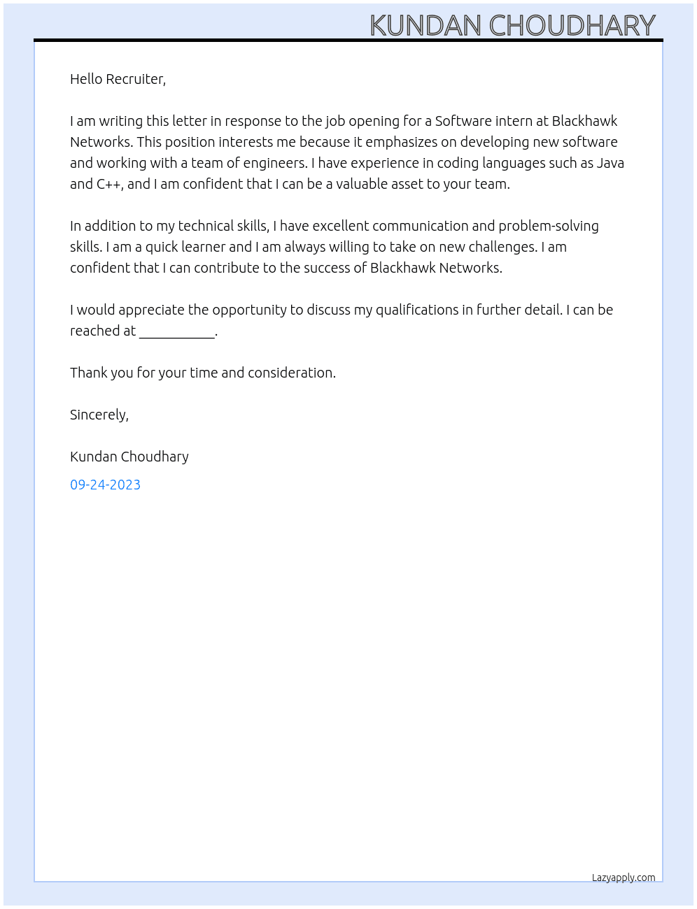 Software intern  At Blackhawk Networks Cover Letter