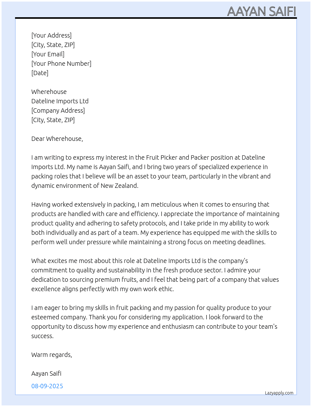 fruit picker and packer At Dateline Imports Ltd Cover Letter