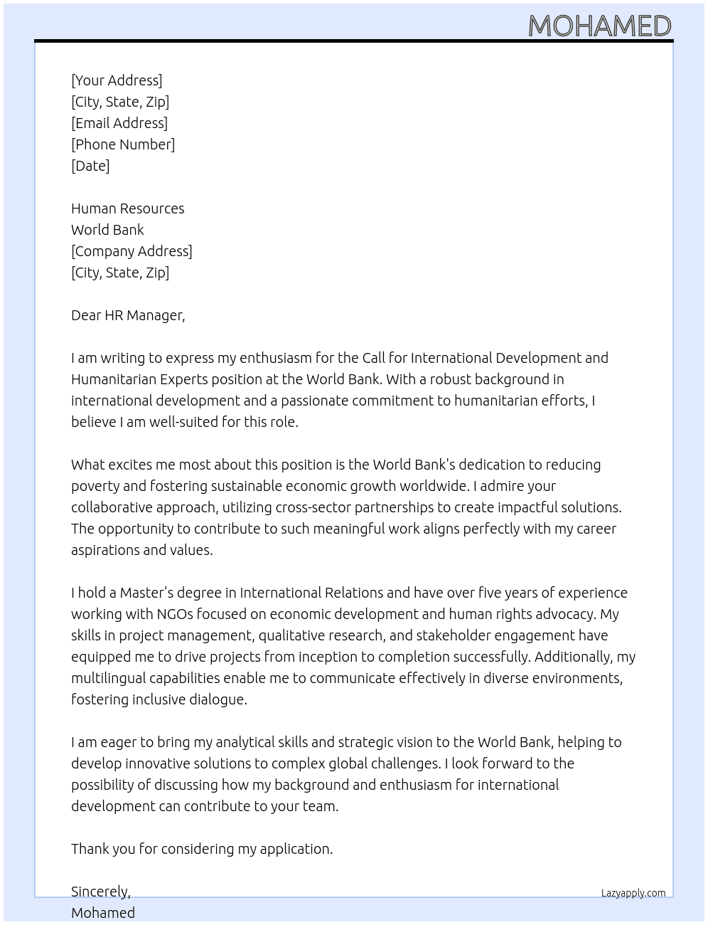 Call for International Development and Humanitarian Experts (World Bank) At World Bank Cover Letter