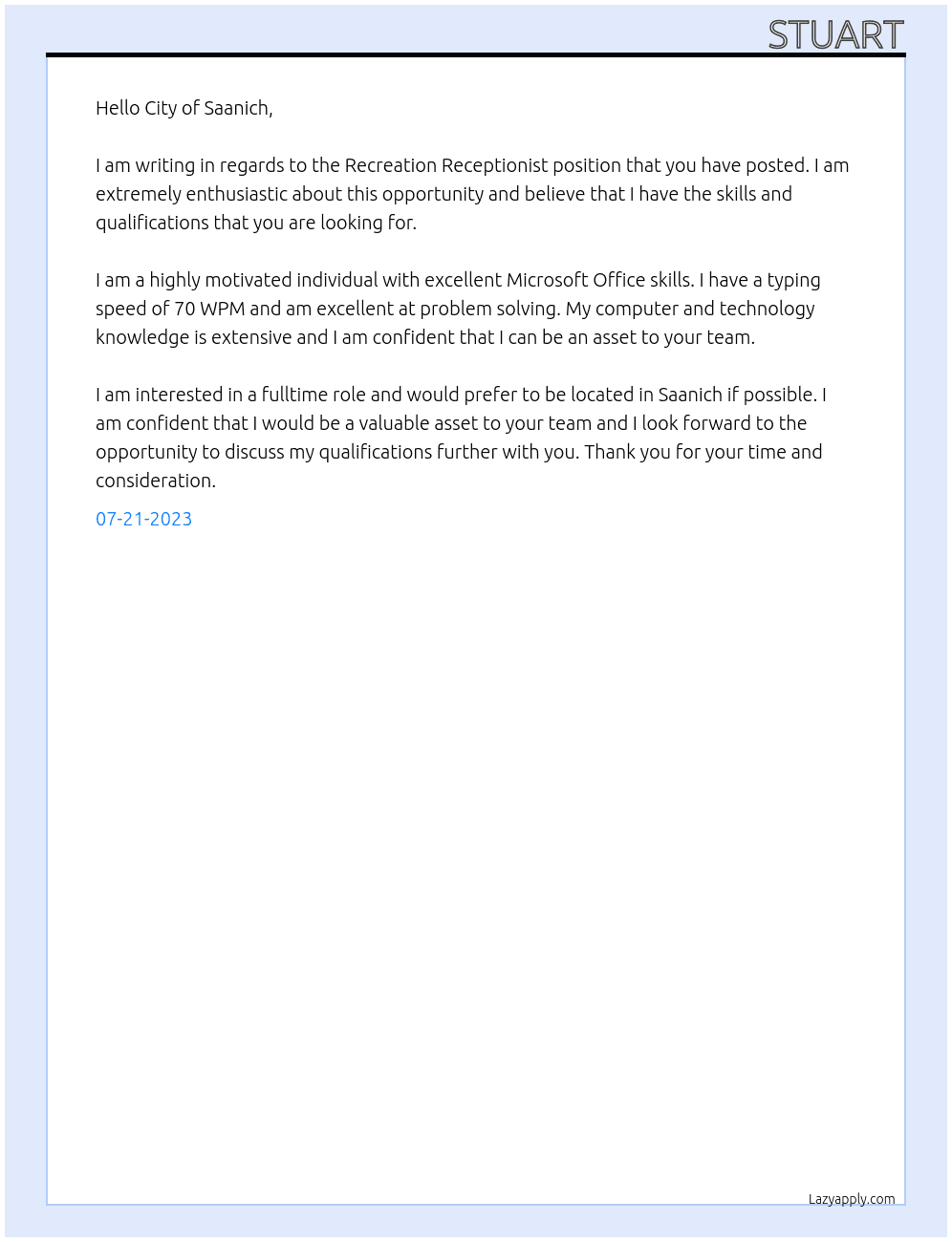 Recreation Receptionist At City of Saanich Cover Letter