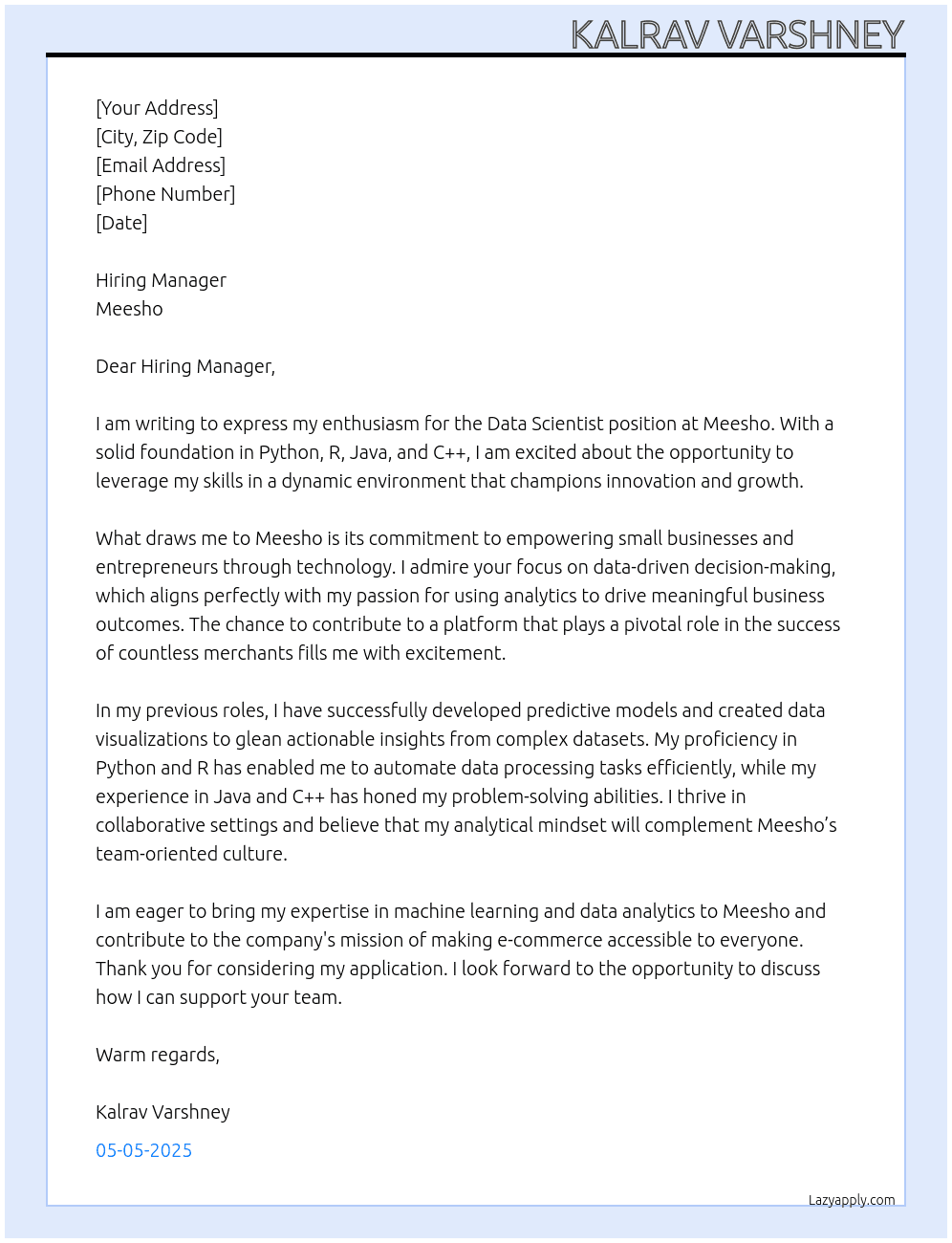 Data Scientist At Meesho Cover Letter