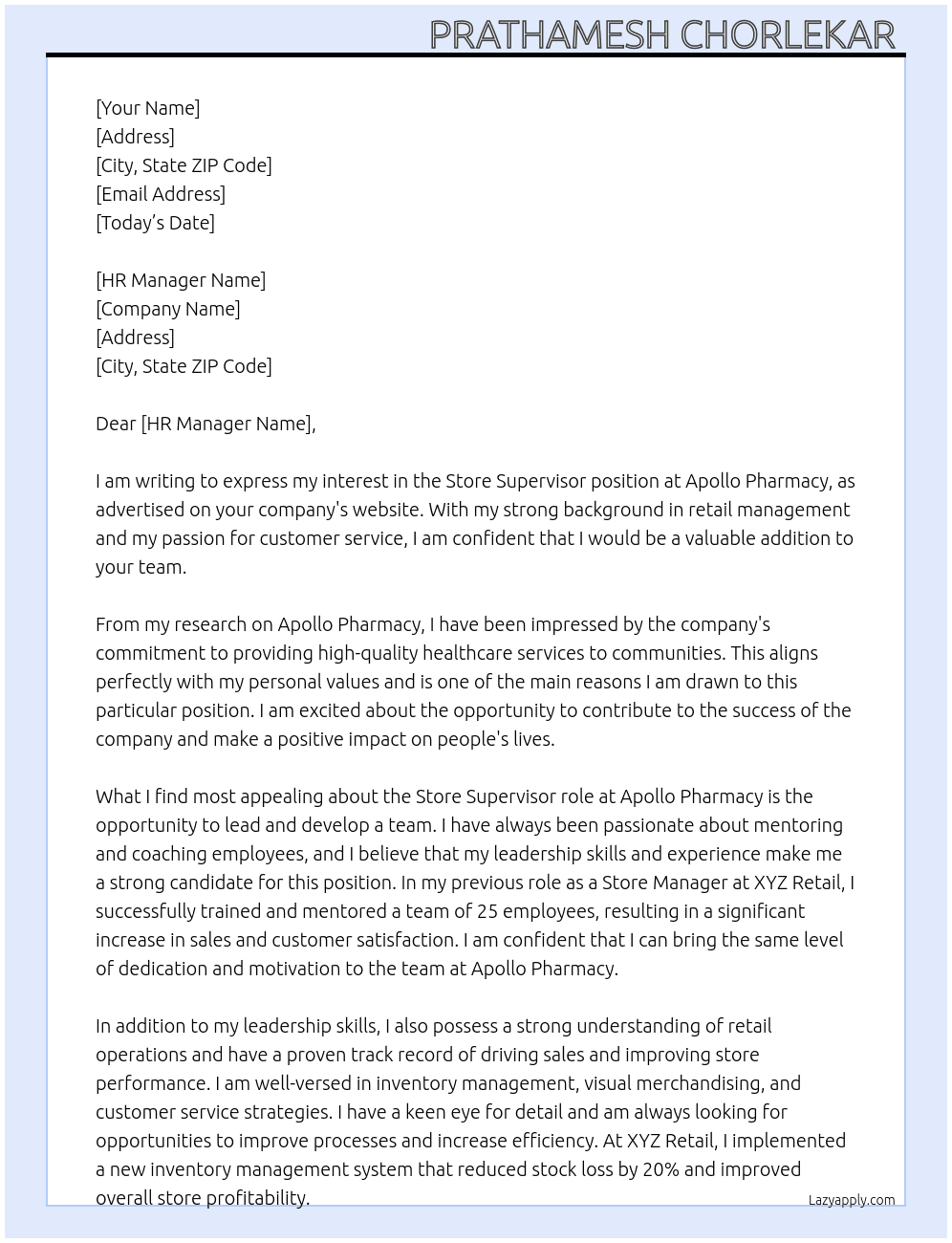 Store supervisor  At Apollo pharmacy  Cover Letter