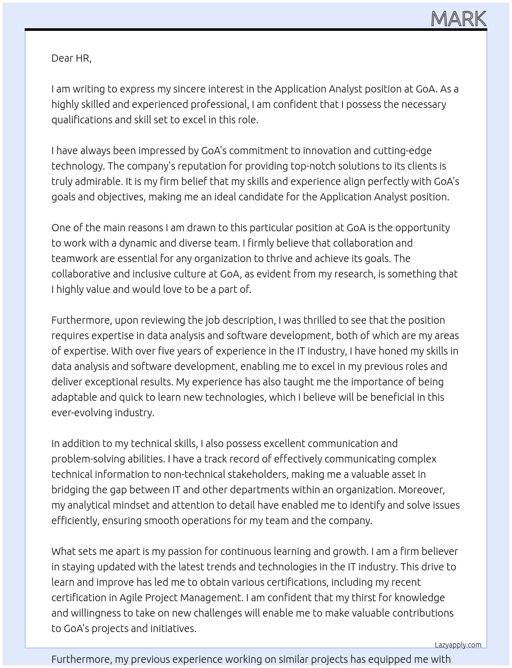application analyst At GoA Cover Letter