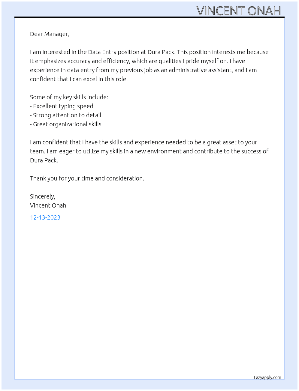 Data Entry  At Dura pack Cover Letter