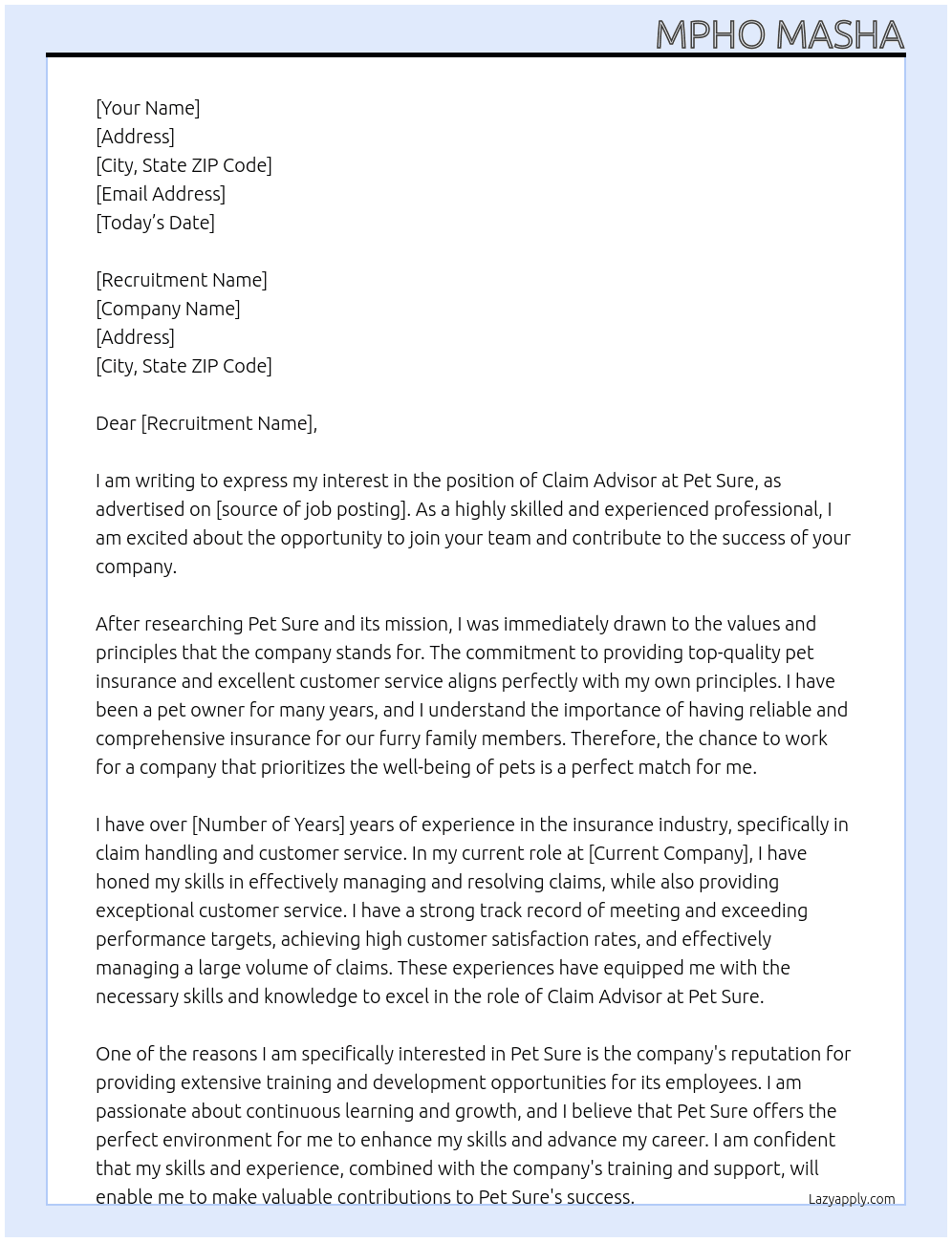 claim advisor At Pet Sure Cover Letter