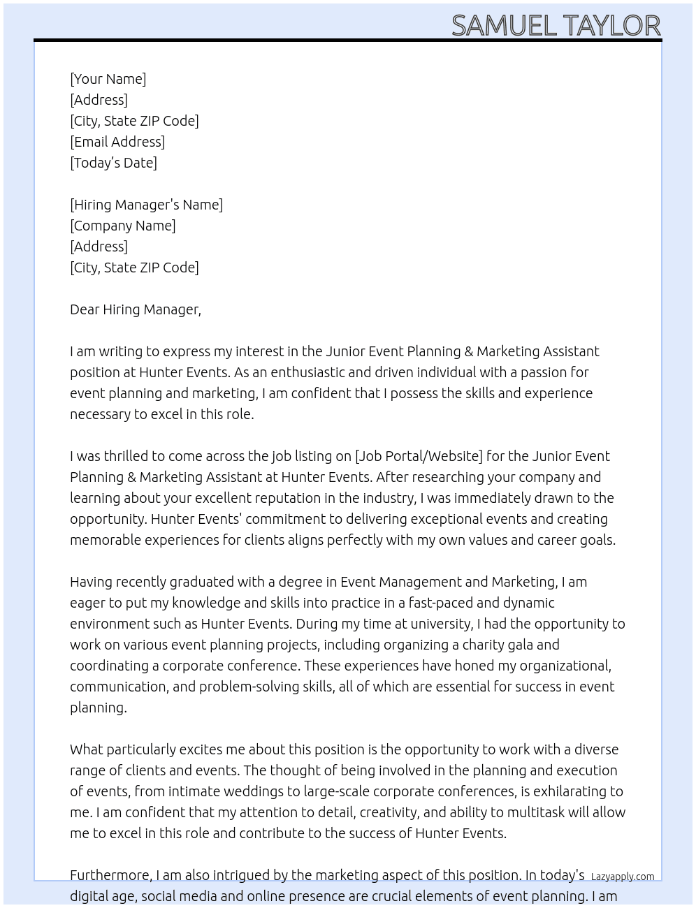 Junior Event Planning & Marketing Assistant At Hunter Events Cover Letter