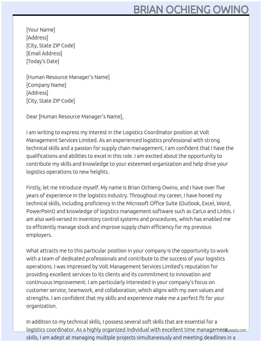 Logistics Coordinator At Volt Management services Limited Cover Letter