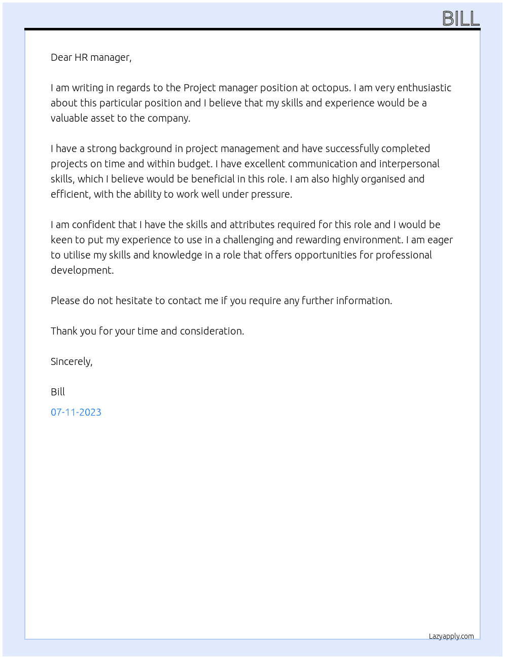 Project manager At octopus Cover Letter