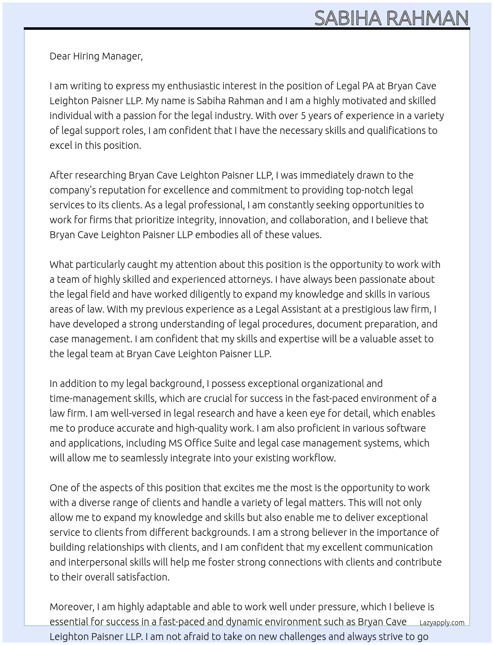 Legal PA At Bryan Cave Leighton Paisner LLP Cover Letter