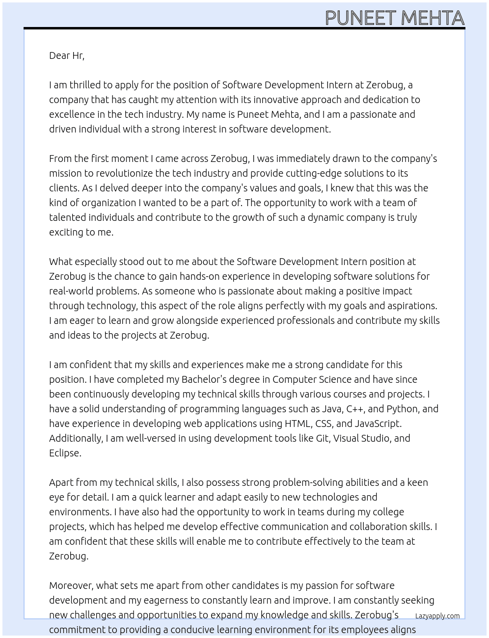 Software developement intern  At Zerobug  Cover Letter