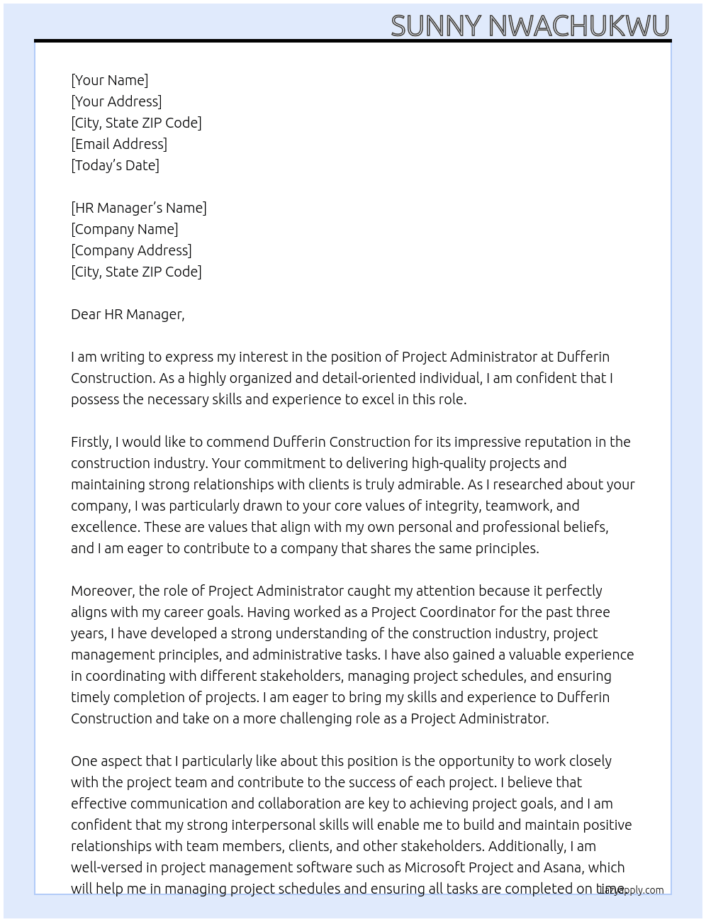 Project Administrator -  At Dufferin Construction Cover Letter