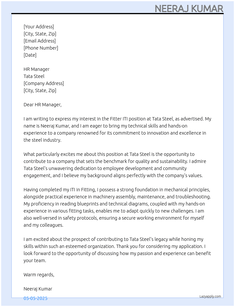 Cover letter for fitter iti - LazyApply