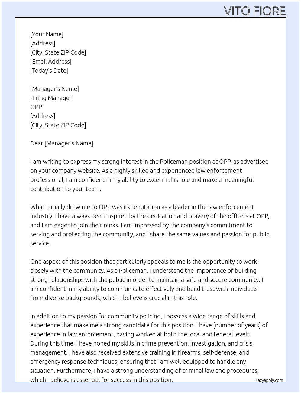 Policeman  At OPP Cover Letter