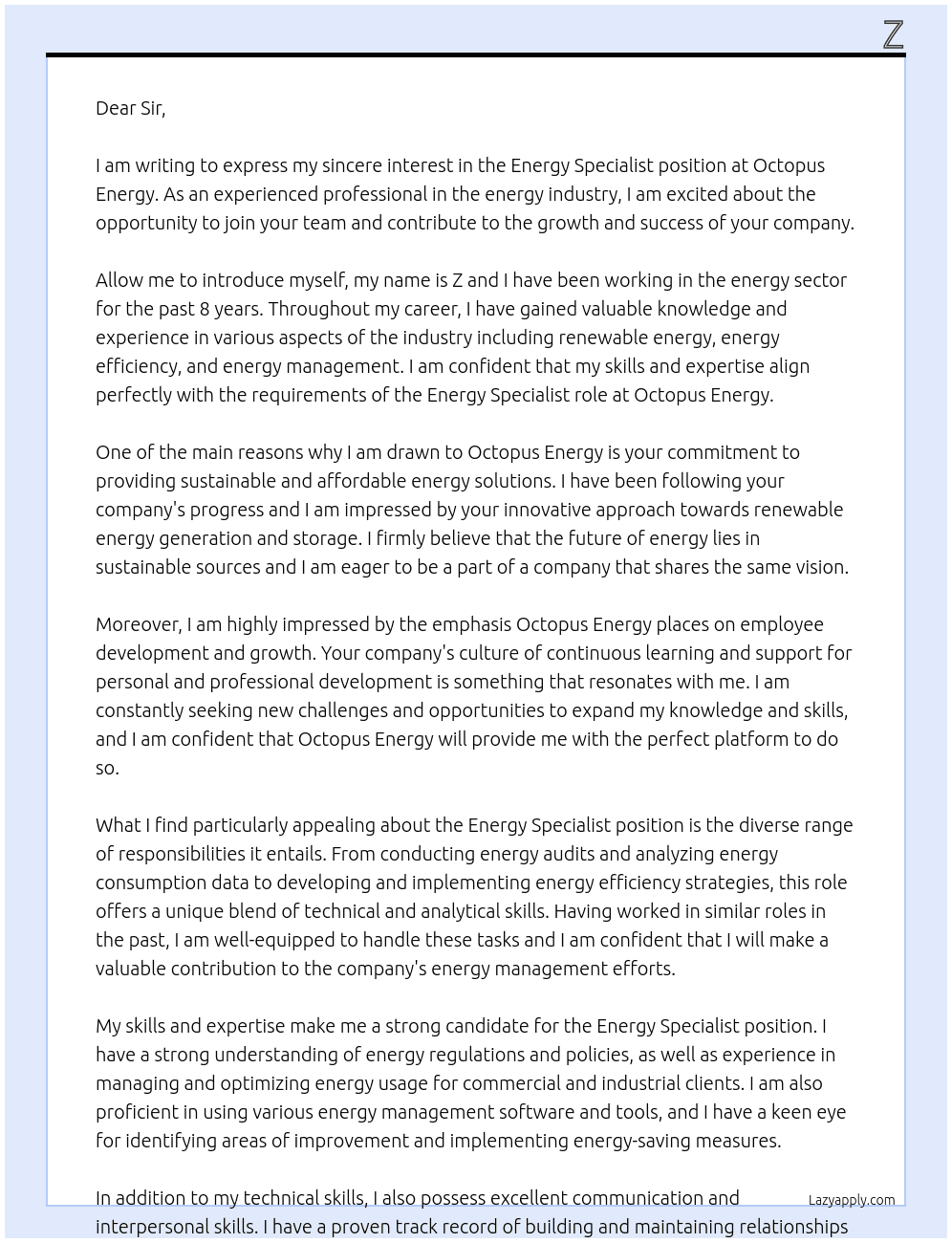 energy specialist At octupus energy Cover Letter