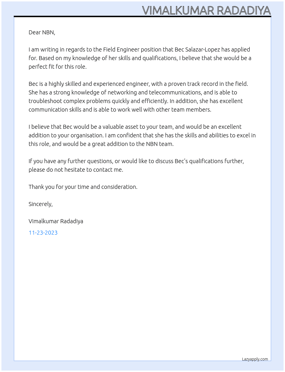 Field Engineer At NBN Cover Letter