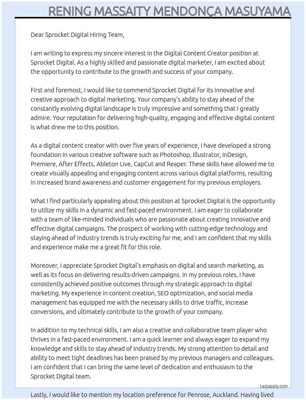 Digital Content Creator At Sprocket Digital Cover Letter