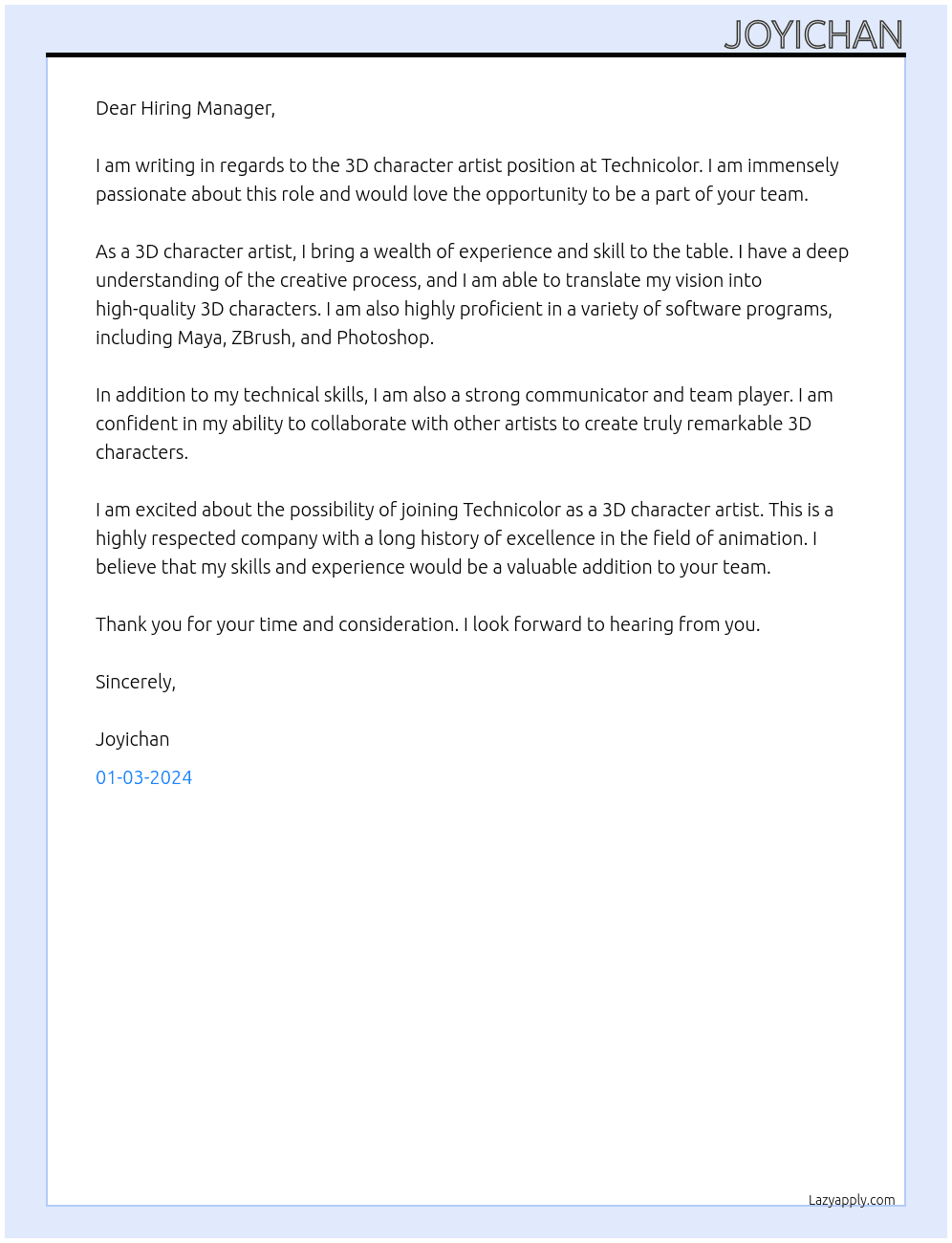 3D character artist  At Technicolor Cover Letter