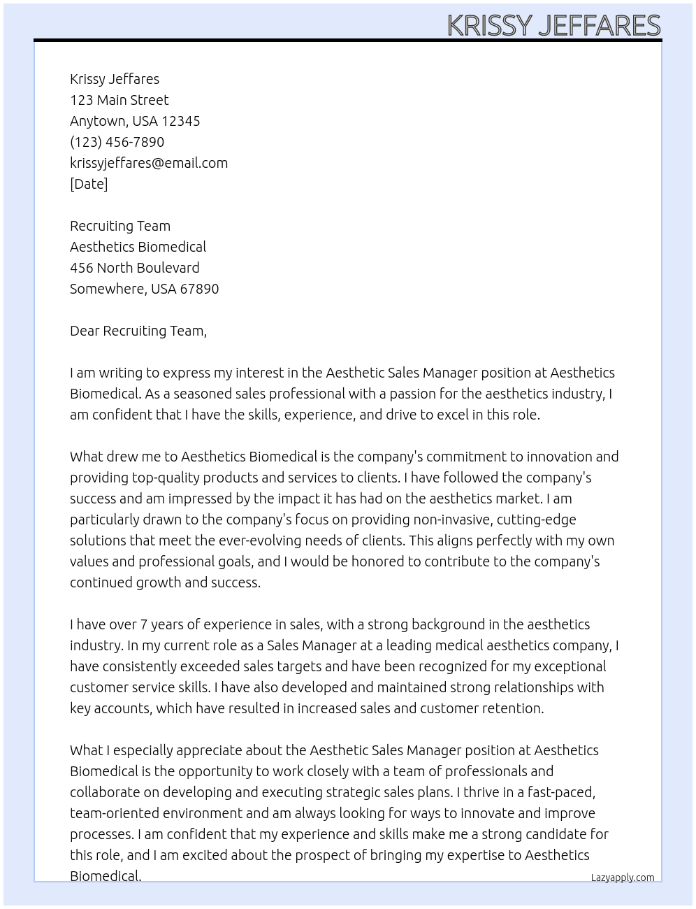 Aesthetic Sales Manager At Aesthetics Biomedical Cover Letter