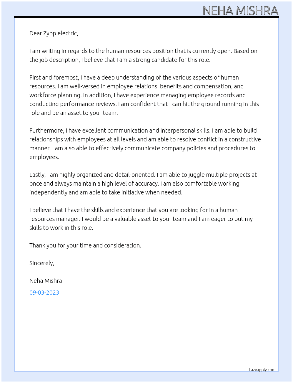 Human resources  At Zypp electric  Cover Letter