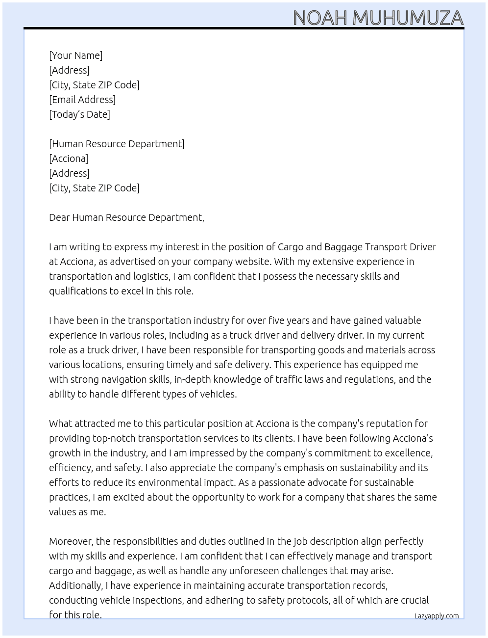 Cargo and Baggage Transport Driver At Acciona Cover Letter