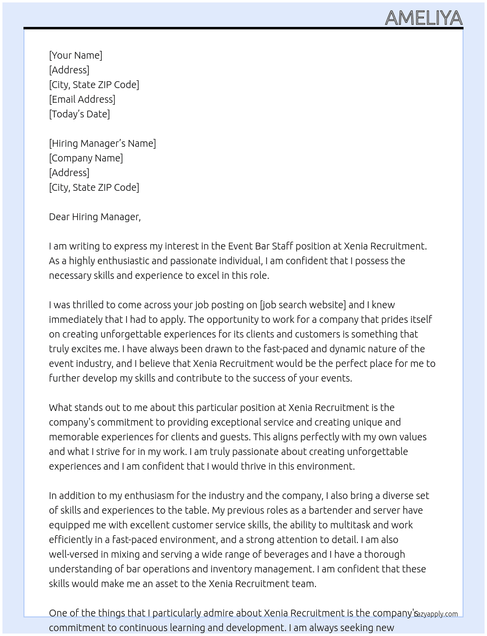 Event Bar Staff At Xenia Recruitment  Cover Letter