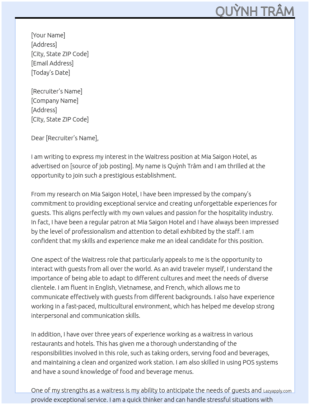 Waitress At Mia Saigon Hotel Cover Letter