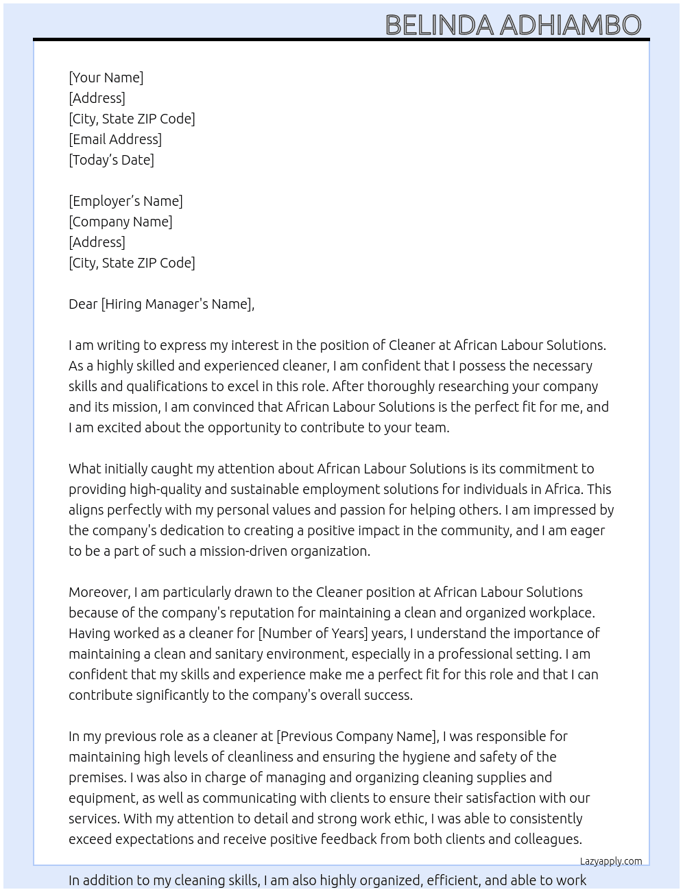 Cleaner At African Labours Solutions Cover Letter
